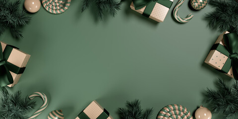 Christmas gifts and decorations arranged on green background for holiday celebration. 3d rendering