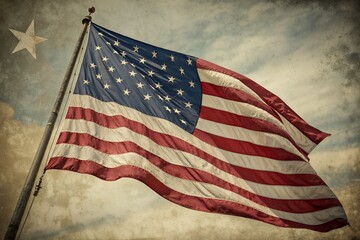 Weathered american flag waving proudly against a textured sky