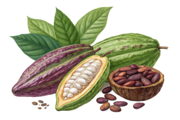 cacao pods and cocoa beans the raw ingredient isolated white