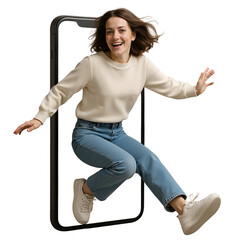 Young woman smiling and jumping through smartphone frame in casual attire  