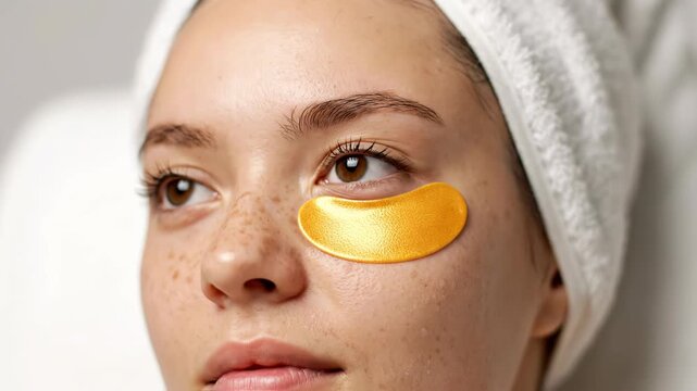 Closeup portrait of a young woman with freckles, wearing a white towel and golden undereye patches, focusing on eye care and rejuvenation vector illustration