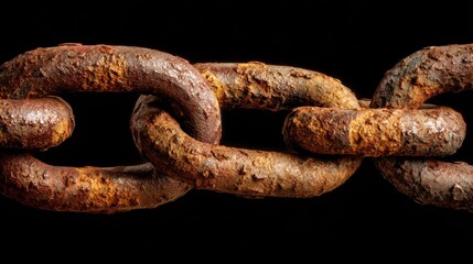 Fototapeta premium Macro detail of rusty metal chain link on a black background. Concept of strength, decay, hardship, connection, or industrial design element.