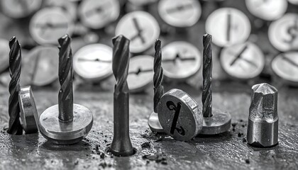 A monochrome close-up showcasing varied drill bits and metal parts of different shapes, embedded in a grainy wooden surface