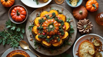 Fototapeta premium Overhead plant‑based Thanksgiving feast on linen, stuffed squash centerpiece, vibrant seasonal sides 