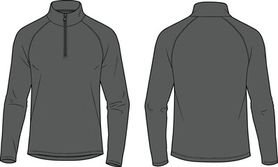 Pullover illustration, technical fashion flat, long sleeve design, raglan construction, high collar, short zipper, casual wear, athletic apparel