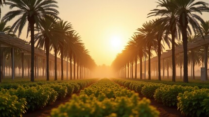 Obraz premium Solar‑panel shade over date palms, drip‑irrigated rows, agrivoltaic oasis at golden hour 
