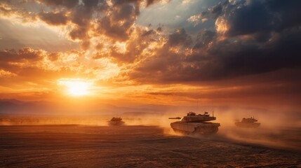Tanks moving in desert with dusty trail during sunset with mountains in background. Military training. Concept of ground operations.
