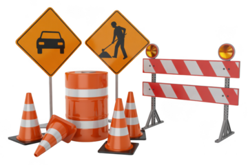 Road construction signs and equipment isolated on transparent background