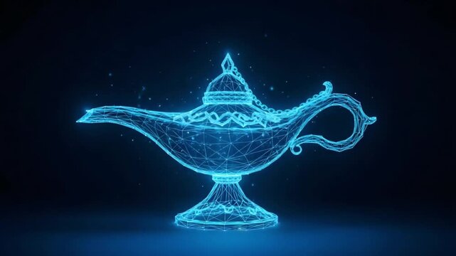 Magical glowing blue wireframe genie lamp with sparkles and stars on a dark cosmic background