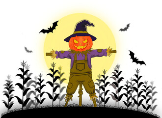 Scary pumpkin head scarecrow in a corn field with lots of bats. Halloween festival design idea.