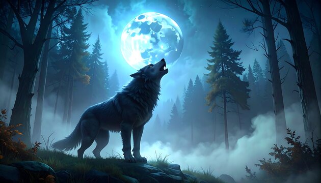 A lone wolf, silhouetted against a luminous full moon, howls within a mystical, moonlit forest. Mist and shadows create ambiance