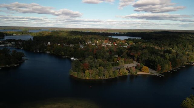 Aerial of cottages in Port Carling Ontario Canada in fall