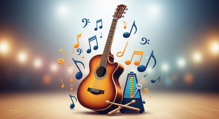 Acoustic guitar surrounded by musical notes and a metronome, creating a vibrant and harmonious composition on a blurred stage backdrop