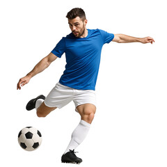 Male soccer player kicking a ball in action on a white background  