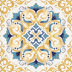 Seamless pattern of ornate blue and gold swirls