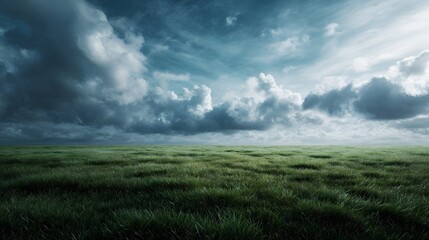 Expansive green grassland stretches to the horizon under a dramatic turbulent sky filled with dark and light clouds