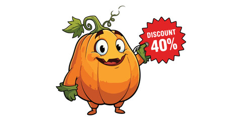 A whimsical, anthropomorphic pumpkin character with wide eyes and a smile holds a red starburst sign announcing a forty percent discount.