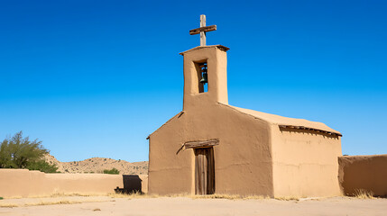 Fototapeta premium Historic adobe church with a bell tower and wooden cross against a bright blue sky. The architecture reflects a traditional Southwestern style.