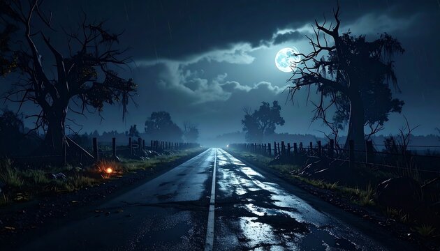A lonely road stretches toward a bright moon amidst a stormy night. Bare trees line the path in this atmospheric digital painting