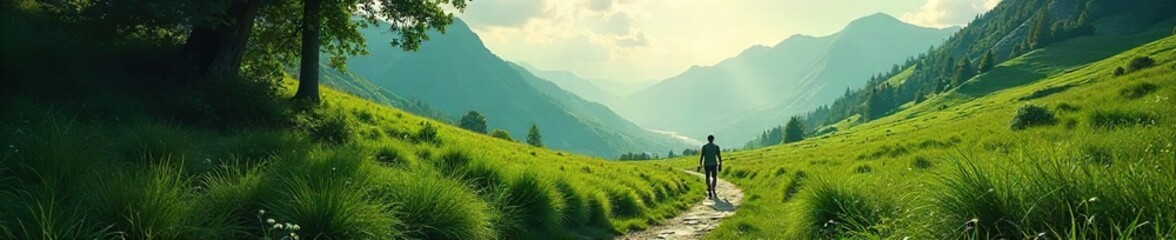 Obraz premium Solitary Journey Winding Path Through Lush Green Landscape to Hazy Mountains