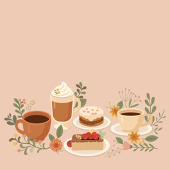Cozy Coffee and Dessert Time. A warm, inviting illustration featuring coffee cups, delicious desserts, and delicate floral accents arranged on a soft pink background. Cup of coffee and sweets. 