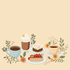 Cup of coffee and sweets. Cozy Coffee and Dessert Time. A warm, inviting illustration featuring coffee cups, delicious desserts, and delicate floral accents arranged on a soft pink background