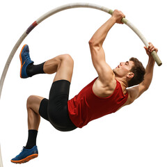 Male athlete performing pole vaulting in athletic gear on white background  