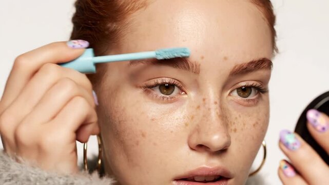 Young woman with freckles applying colored brow gel with a brush, closeup portrait vector illustration