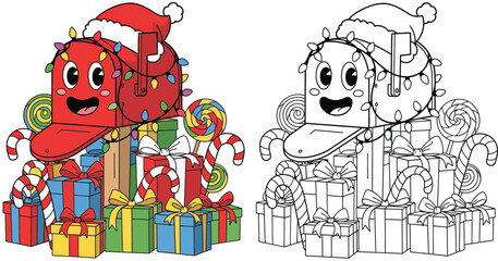 Cute Christmas Mailbox with Santa Hat, Colorful Presents, Candy Canes, and Lollipops - Festive Holiday Season Illustration for Greeting Cards and Decorations