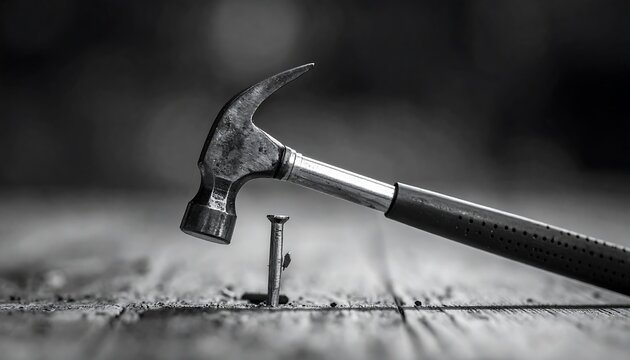 A grayscale close-up captures a hammer poised to strike a nail partially hammered into wood. Focus sharp, blurred bokeh background