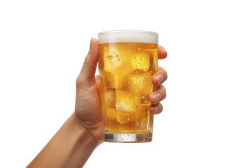 Hand holding an icy, golden beverage in a clear glass against a transparent background, refreshing and cold.
