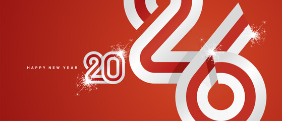 Happy New Year 2026. Combination of small and large typography in the shape of a England ribbon for the year 2026. Abstract white red ribbon flag with sparkling fireworks on a red background