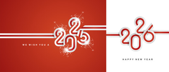 Happy New Year 2026. England ribbon in the shape of 2025 and 2026. Abstract white red flag strip of England with sparkle firework isolated on white and red background