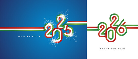 Happy New Year 2026. Italy ribbon in the shape of 2025 and 2026. Abstract light green white red flag strip of Italy with sparkle firework isolated on white and blue background