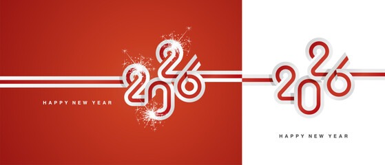 New Year 2026 flag ribbon typography lettering. Abstract white red flag of England in the shape of 2026 logo with sparkle firework isolated on white and red background
