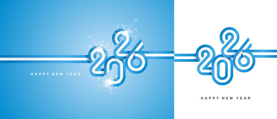 New Year 2026 flag ribbon typography lettering. Abstract light blue white flag of Argentina in the shape of 2026 logo with sparkle firework isolated on white and sky blue background