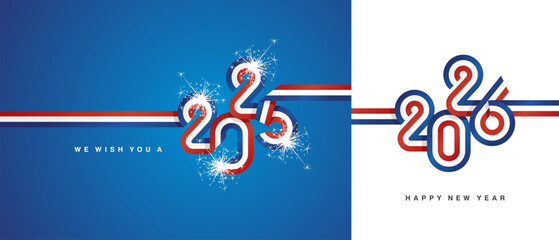 Happy New Year 2026. France ribbon in the shape of 2025 and 2026. Abstract light blue white red flag strip of France with sparkle firework isolated on white and blue background