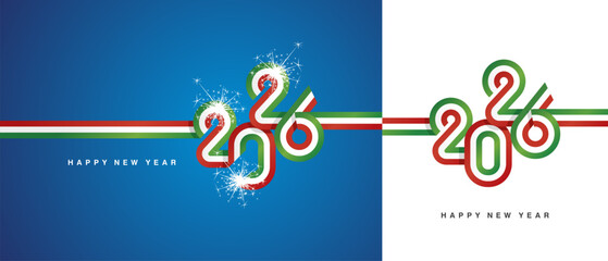 New Year 2026 flag ribbon typography lettering. Abstract green white red flag of Italy in the shape of 2026 logo with sparkle firework isolated on white and blue background
