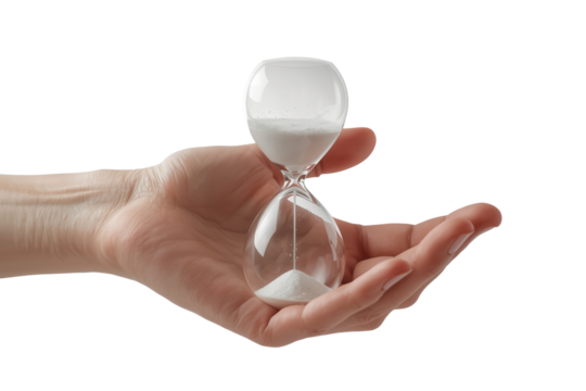 An hourglass rests delicately in the palm of a hand, symbolizing the passage and value of time.