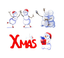 A cheerful set of watercolor-style Christmas illustrations featuring playful snowmen. They are seen ice-skating, taking a selfie as a family, and one snowman holds a present next to a large, XMAS