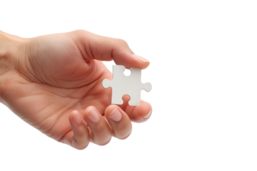 A hand holds a white puzzle piece against a transparent background, symbolizing solutions and problem-solving.