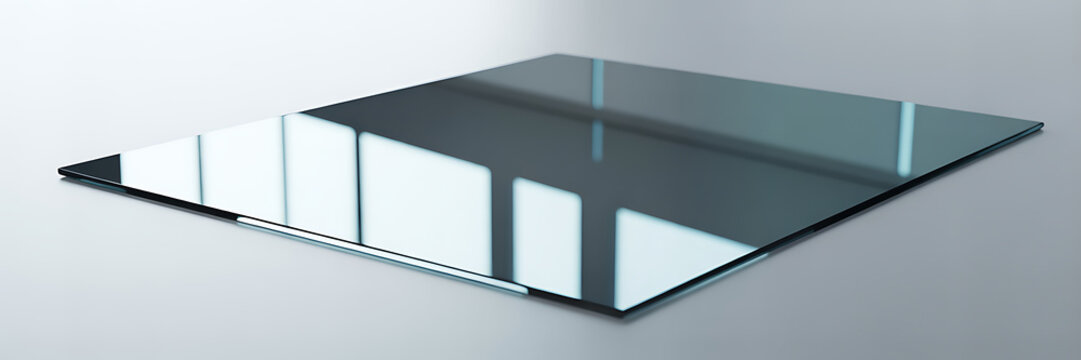 A clear glass sheet with reflections on a light gray surface