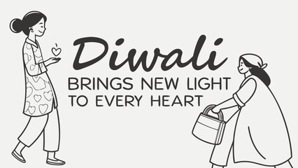 Celebrate Diwali with new light and love, two women sharing happiness and gifts, simple line art conveying joy and festive spirit for holiday season
