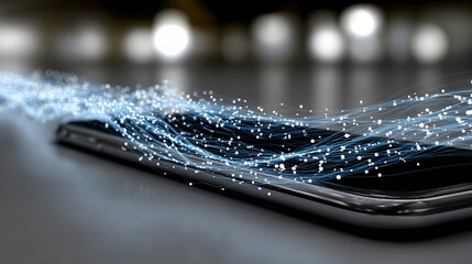 Dynamic light trails flow over a smartphone showcasing modern technology in a sleek setting