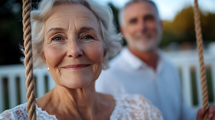 Senior woman smiles on a swing with her husband, enjoying their golden years. The couple looks peaceful, content, and happy in retirement.