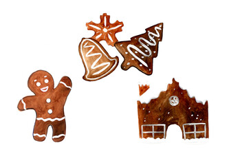 Hand-painted watercolor set of festive gingerbread cookies: a happy gingerbread man, a small house with snowy roof, a snowflake, a Christmas tree, and a bell, all on a transparent background, isolated