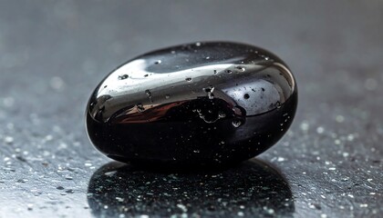 A smooth, black, polished object, egg-shaped, reflects light. The surface is dark, appearing wet with small droplets, resting on a glossy speckled surface