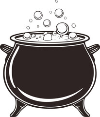 Halloween cauldron silhouette line art illustration with magical potion steam rising, minimal black and white outline design for spooky witchcraft and holiday decoration vector concept