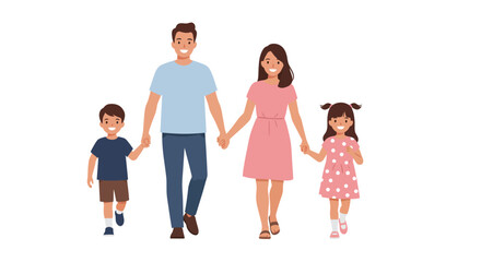 Fototapeta premium A family of four, including a mother, father, son, and daughter, walking together hand-in-hand with smiles on their faces.