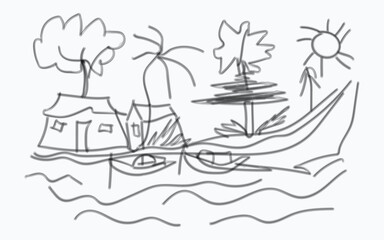 Simple hand drawn sketch of a tropical village scene with boats and palm trees